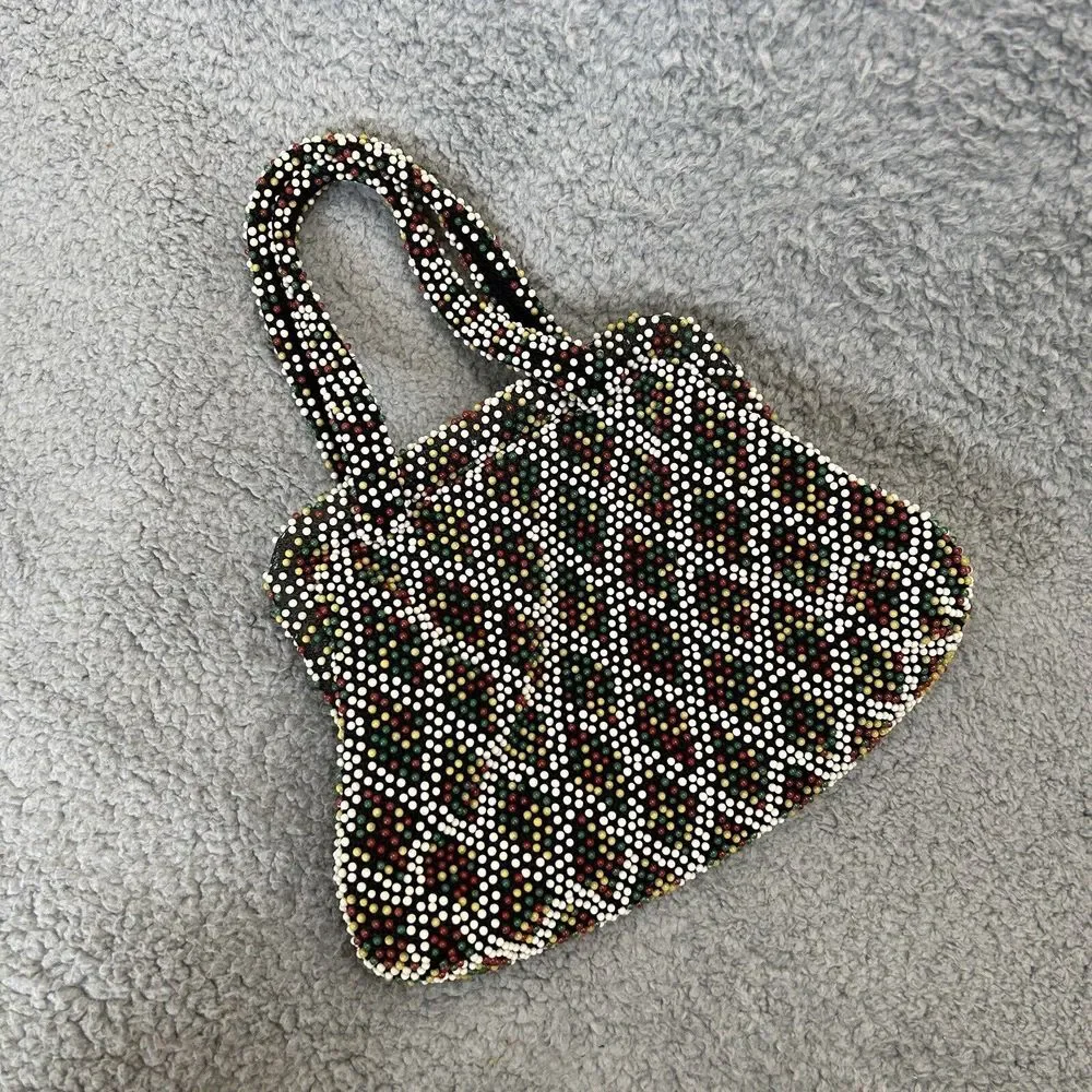 Vintage Purse Black Multicolored Beaded Cloth Clutch Handbag Hong Kong Fun Color